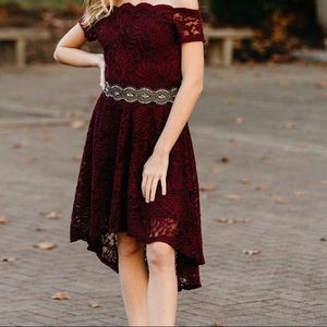 Off the shoulder Maroon homecoming dress!!